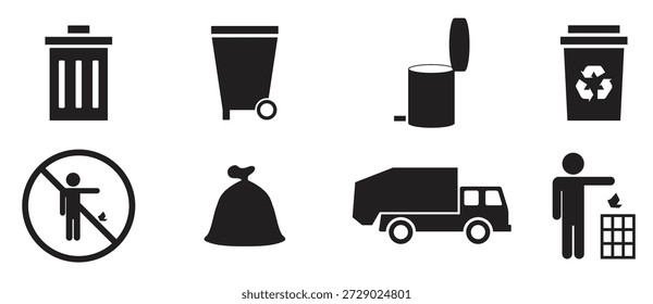 Conjunto de iconos aislados en un tema Papelera muestra color negro