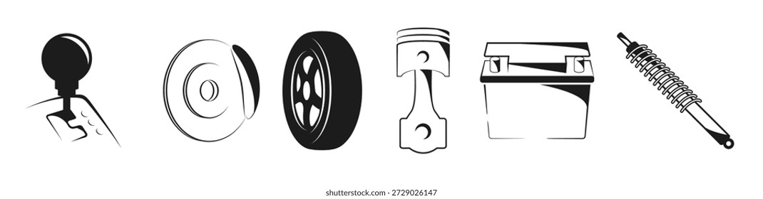 Conjunto de iconos aislados en un tema de piezas de coche color negro