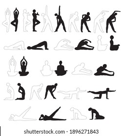 set of isolated icons poses for fitness and yoga contour and silhouette. playing sports. figures of people. vector.