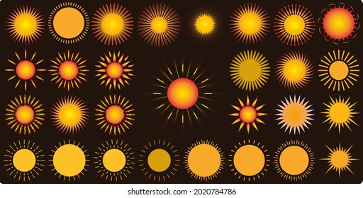 A set of isolated icons and shapes showing the sun in different colors that suit the uses of magazines, books and websites, in addition to your designs