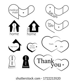 Set of isolated icons. Stay home for medical design. Stay home quarantine. Pandemic risk. Medical mask.