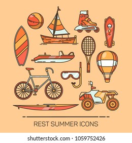 Set of isolated icons for summer recreation or vacation sea activity. Volleyball ball and sailboat, surfboard and balloon, badminton racket and bicycle, diving or scuba mask for snorkeling. Holiday