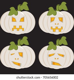 A set of isolated icons of unusual white pumpkins with carved faces. Objects can be used as Jack-o-lantern for decorating postcards and illustrations for the celebration of Halloween