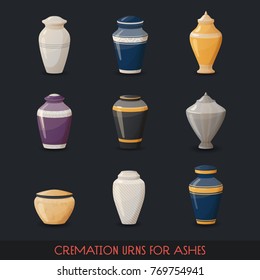 Set of isolated icons of urns for cremations or container with ashes, vase or pot for dust, ancient or retro amphora. Burial and dead man, funeral and pottery, utensil and crockery theme