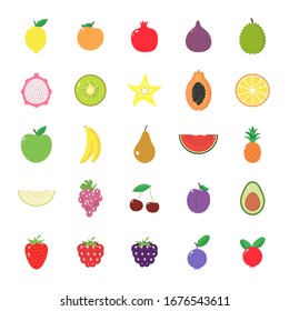 Set of isolated icons of various fruits and berries on a white background. Flat vector illustration.