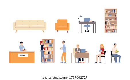 Un conjunto de íconos aislados de varias escenas en la biblioteca pública. Leyendo personas, bibliotecarios, muebles y libros. Colección de ilustraciones de dibujos animados de vectores planos