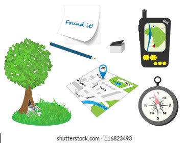 Set of isolated illustrated geo caching stuff