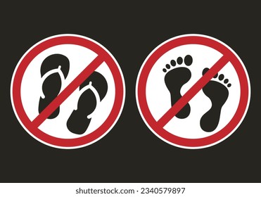 Set of isolated illustration of do not wear flip flop, slippers, sandal, sandals, casual footwear and don't barefoot with red circle crossed out of disallowed, do not, restriction icon