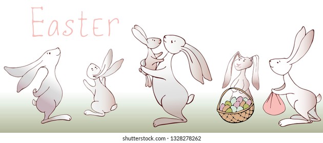 Set isolated illustration happy character white Easter Bunny holding colored egg, rabbit hare  background for printed materials, postcard greeting, festive menu, card flyer, banner.