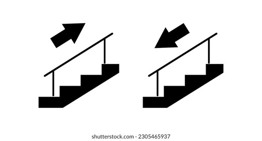 Conjunto de ilustraciones aisladas del contorno de escaleras de escalera negra con barandilla de mano - flecha arriba y abajo, para el diseño de plantilla de la señalización de información de construcción de seguridad