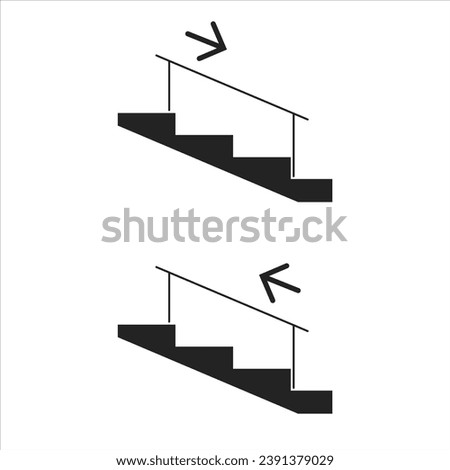 Set of isolated illustration of outline black ladder stairs with handrail - up and down arrow, for template design of safety building information sign	