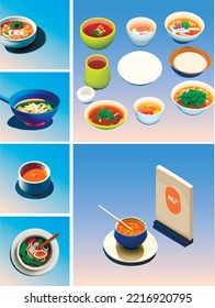 Set Of Isolated Illustrations Of Asian Soup. Fun Food In Cartoon Style. Soup Pho, Pho Bo. Noodle