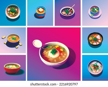 Set Of Isolated Illustrations Of Asian Soup. Fun Food In Cartoon Style. Soup Pho, Pho Bo. Noodle