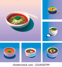 Set Of Isolated Illustrations Of Asian Soup. Fun Food In Cartoon Style. Soup Pho, Pho Bo. Noodle