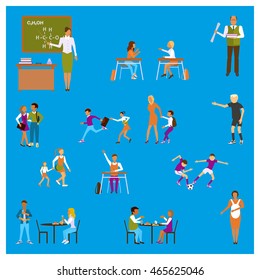 Set of Isolated illustrations Back to school - Teachers and pupils in different poses in schoolhouse and dining-hall. Isolated Students children in flat design for infographic. Vector eps10