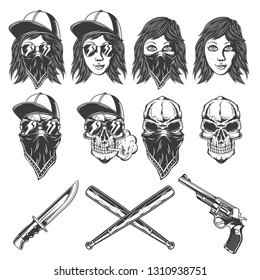 Set of isolated illustrations of bandit girls, skulls, knife, baseball bats and revolver. Isolated on white background.