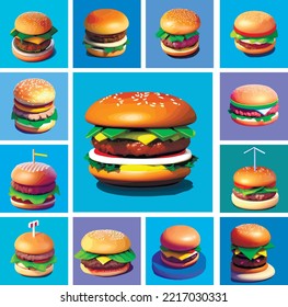 Set of isolated illustrations of burgers. Fun fast food in cartoon style. cheeseburger, hamburger 