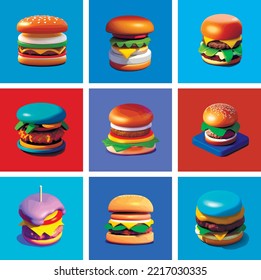 Set von einzelnen Illustrationen von Burgern. Fastfood im Cartoon-Stil. Käseseburger, Hamburger 