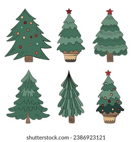 Set of isolated illustrations of hand drawn Christmas trees