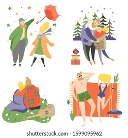 set of isolated illustrations with loving couple in various weather conditions. People in different poses on winter summer autumn spring. Vector illustration in flat style.
