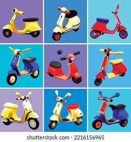 Set of isolated illustrations of mopeds. Funny scooters in cartoon style 3d. Motorcycles and bikes