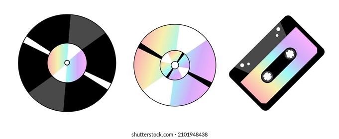 Set von einzelnen Illustrationen auf weißem Hintergrund. Vinyl. Kassettenband. Diskette. Unglaublicher Farbverlauf. Holografische Glitch-Effekt. Regenbogen. Retro-Musikaufnahme. Schwarz-Grau und Multicolor