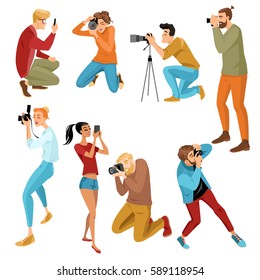 Set of isolated illustrations of people making photos