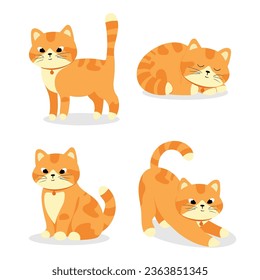 Set of isolated illustrations with a red cat.Vector illustration. hand drawn