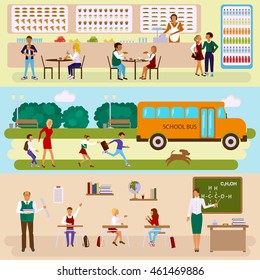 Set of Isolated illustrations of school bus, dining-hall and class room with students children in flat design. Teachers and pupils in different poses. Vector eps10