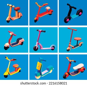 Set of isolated illustrations of scooters. Funny scooters in cartoon style 3d, push-cycle, car free, eco scooter