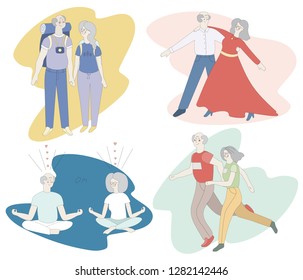 Set of isolated illustrations of senior retired couples travelling, running, dancing, practicing yoga. Active retired couple going to travel on their vacation. Active grandparents in sportswear.