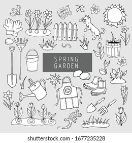 A set of isolated illustrations of a spring garden. Spring flowers, butterflies, cats, birds, garden, sprouts, tulips, daffodils, Sunny day. Black and white, contour, hand drawing.