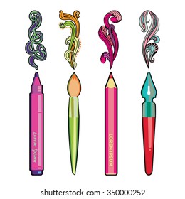 Set isolated image of stationery - pencil, pen, marker and brush with colored patterns. Vector Illustration