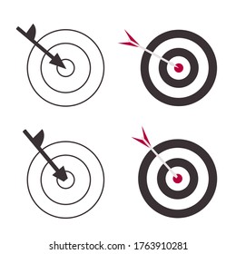 Set of isolated images of arrow in target. Use for information resources as icons for the design of gaming spaces. Archery, darts, target shooting. Vector graphics.