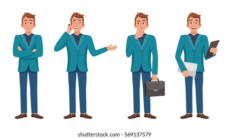 Set of isolated images of cartoon style man character full length in various poses fashionably dressed vector illustration