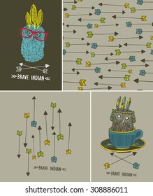 Set of isolated images and cute patterns with indian owl. Vector design.