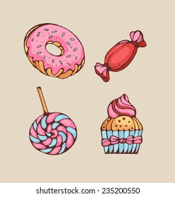 set of isolated images of donuts, candies and lolly pops 