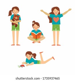 A set of isolated images with a girl in summer clothes. A girl hugs a bear, reads a book, dances, and plays with a turtle.