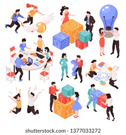 Set of isolated images with isometric teamwork brainstorming creative process situations with human characters and various items vector illustration