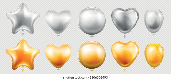 Set with isolated images of realistic flying balloons colored in gold and silver on transparent background vector illustration