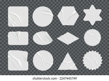 Set with isolated images of realistic wrinkled stickers and labels on transparent background with blank surface vector illustration