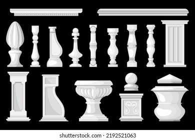 Set with isolated images of stone balusters vases and columns of white color on black background vector illustration