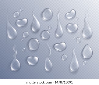 Set with isolated images of water drops on misted glass background with realistic shadows and shapes vector illustration