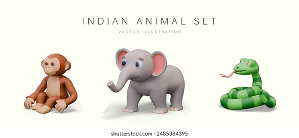 Set of isolated Indian animals in 3D style. Cheerful monkey, elephant, snake