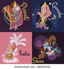 Set of isolated Indian Gods meditation in yoga poses lotus and Goddess hinduism religion, traditional asian culture spiritual mythology, deity worship festival vector illustrations, T-shirt concepts