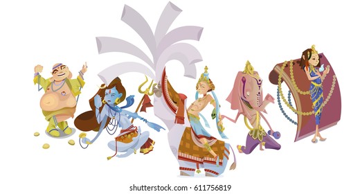 Set of isolated Indian Gods meditation in yoga poses lotus and Goddess hinduism religion, traditional asian culture spiritual mythology, deity worship festival vector illustrations, T-shirt concepts