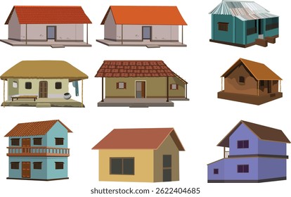 Set of Isolated Indian Houses and Huts – Traditional and Modern Rural Architecture Vector Collection