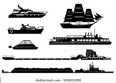 Set of isolated industrial tugs and passenger boats and yachts. Black and white vector illustration. Water and river transport silhouettes