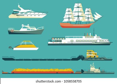 Set of isolated industrial tugs and passenger boats and yachts icons. Flat colored vector illustration