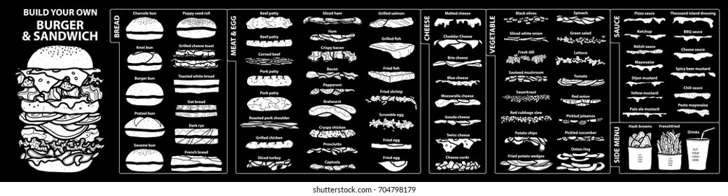 Set of isolated ingredients for build your own burger and sandwich. Cute hand drawn style in white silhouette and black outline on black background. 